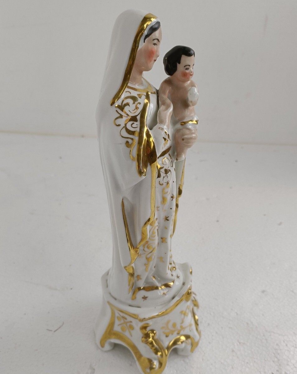 Antique 1900 Vieux Paris Porcelain Bisque Statue Virgin Mary Madonna With Infant photo vintage