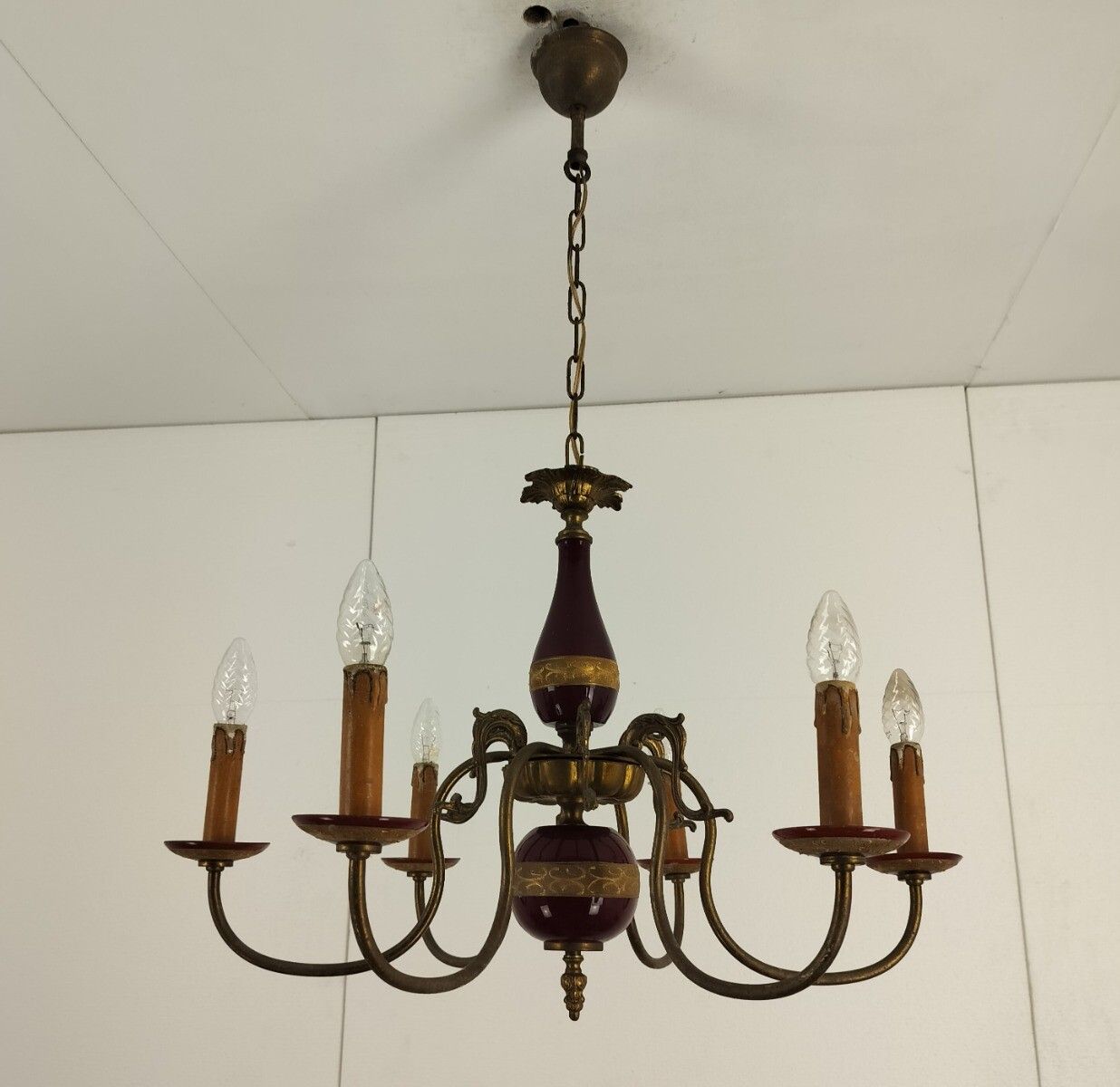 Gorgeous Italian Chandelier  Bordeaux Red 6 Arms Lights Glass  Very Rare Vintage photo 687.0