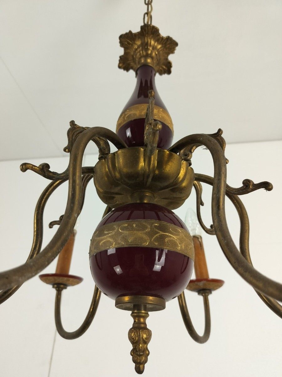 Gorgeous Italian Chandelier  Bordeaux Red 6 Arms Lights Glass  Very Rare Vintage photo buy
