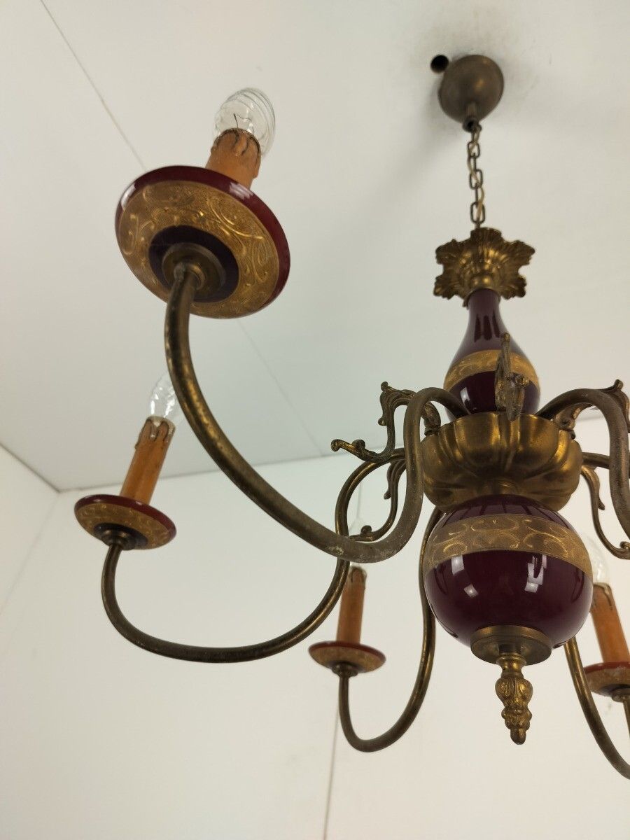 photo for sale Gorgeous Italian Chandelier  Bordeaux Red 6 Arms Lights Glass  Very Rare Vintage
