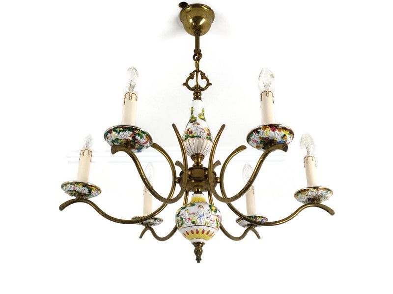 Vintage Chandelier Fixture Light Porcelain Capodimonte Style 6 Lights 6 Arm