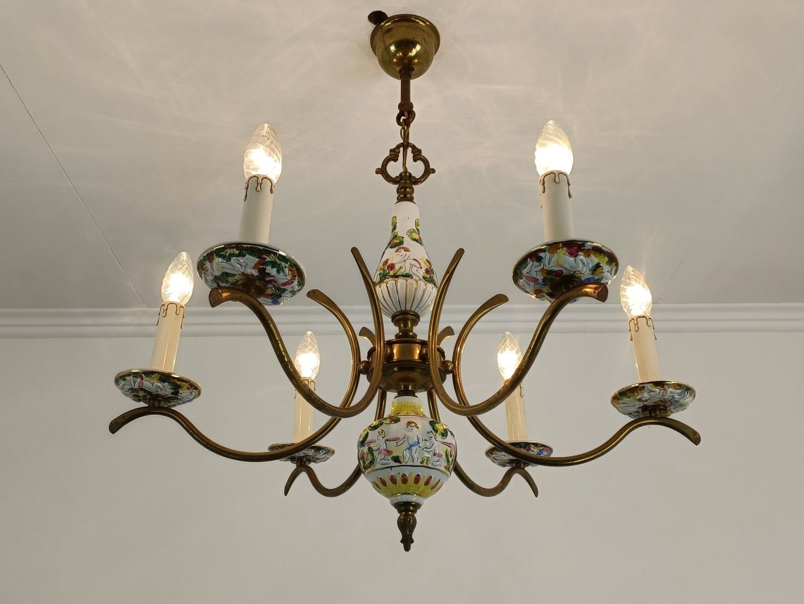 Vintage Chandelier Fixture Light Porcelain Capodimonte Style 6 Lights 6 Arm photo furniture