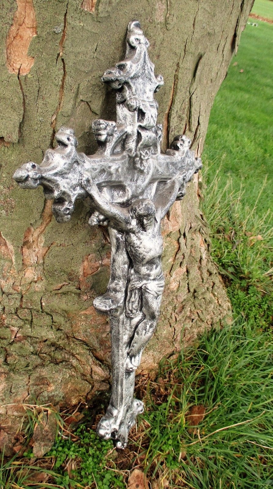 Large Completely Plaster Hanging Crucifix Cross Jesus Christ  Silver  21.46" photo for sale
