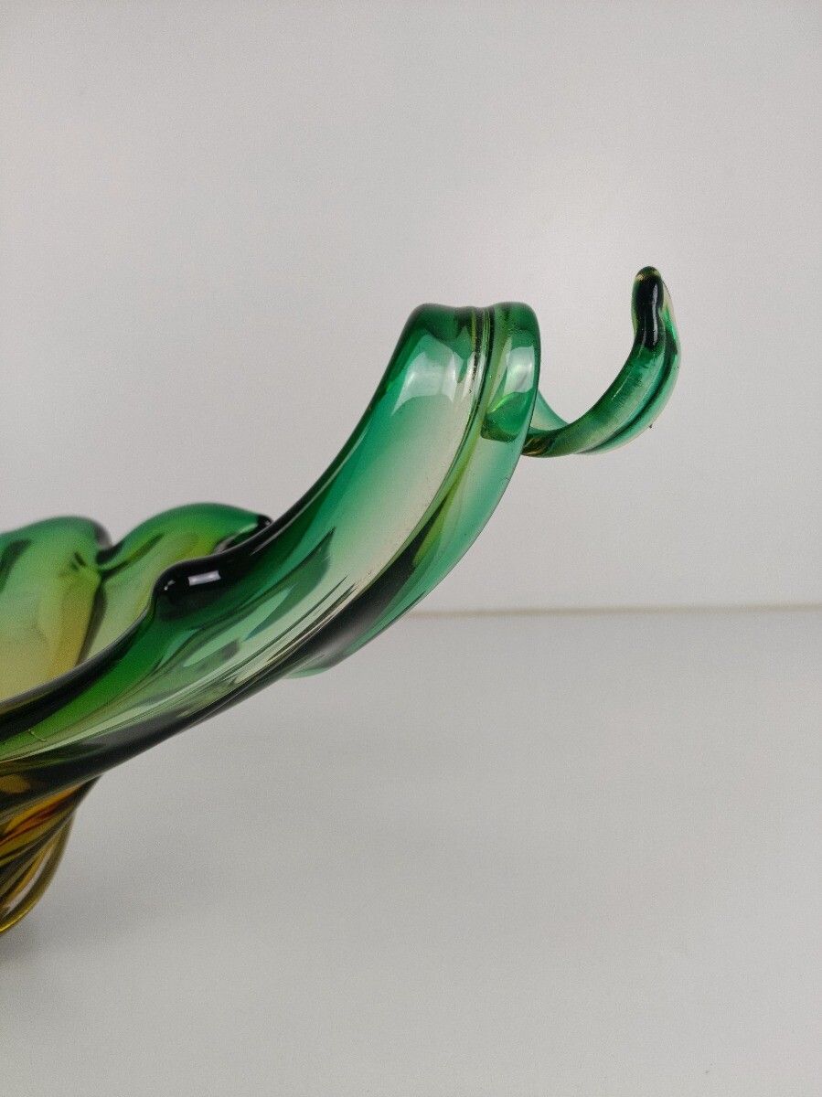 Italian Yellow Green  Bowl Dish Centerpiece Murano Seguso Art Glass Modernist Xl photo vinterior