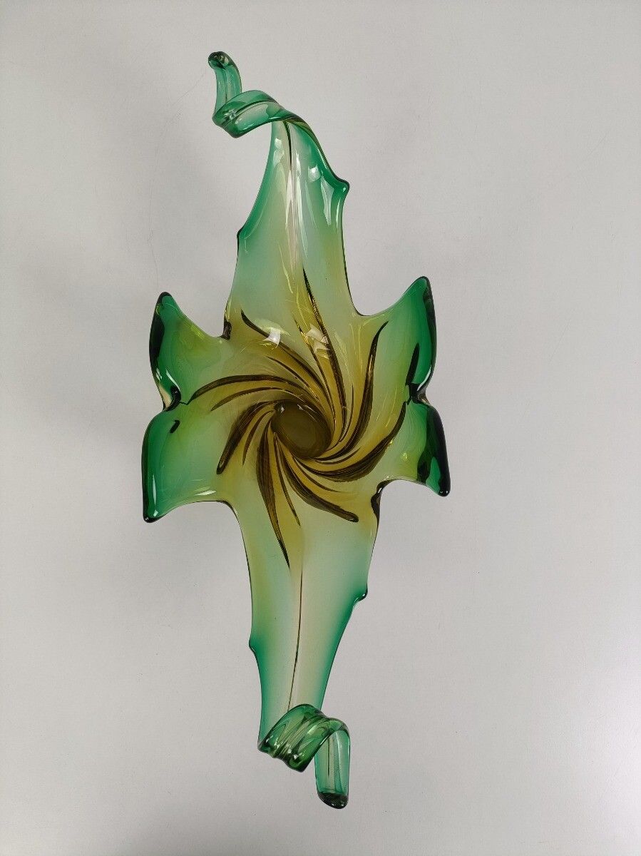 Italian Yellow Green  Bowl Dish Centerpiece Murano Seguso Art Glass Modernist Xl photo vintage