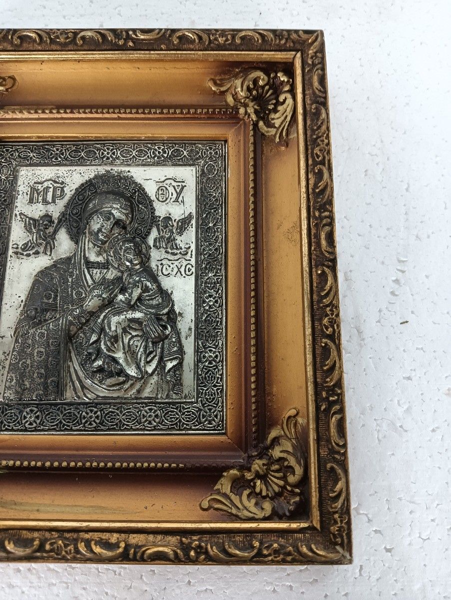 Antique Framed Aluminium  Icon Hand Painted Mary Perpetua Succursu With Infant W photo 153.0
