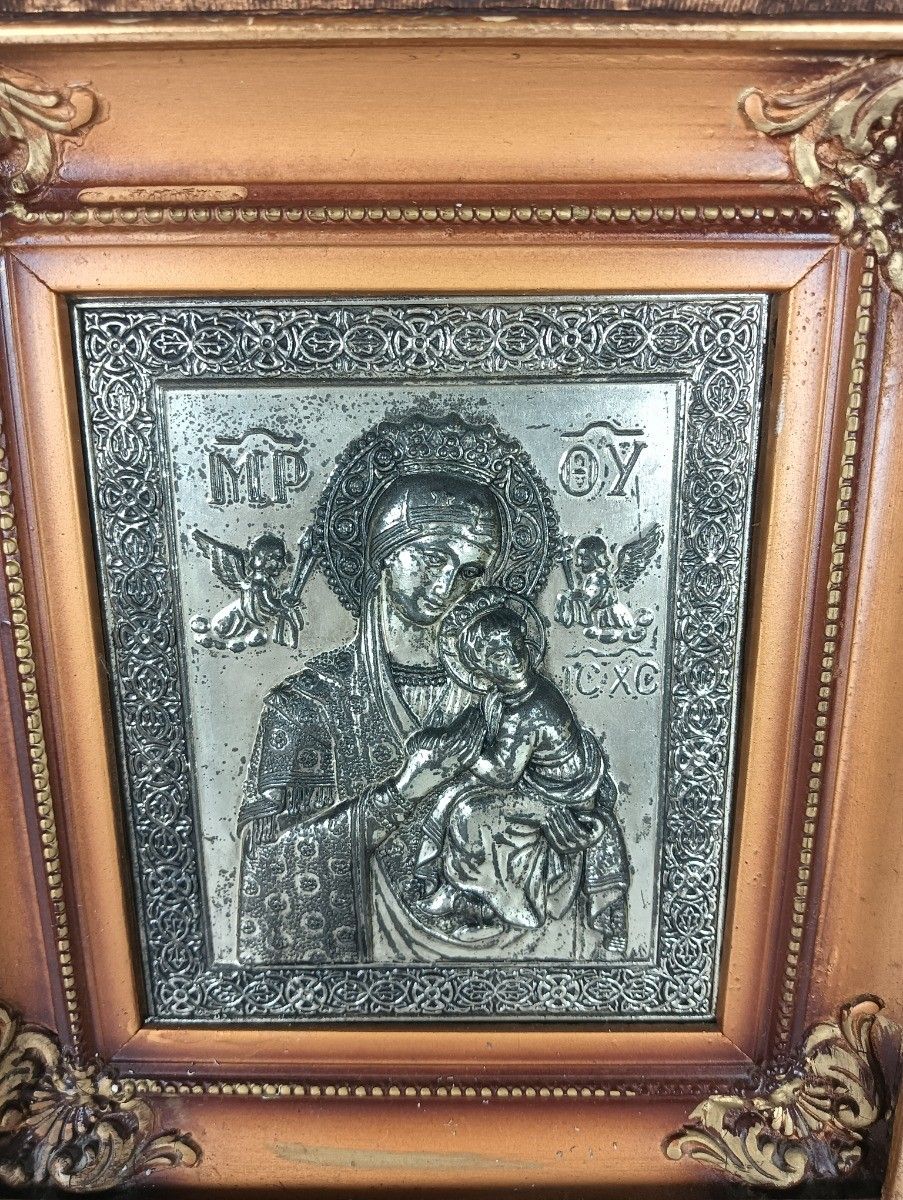 Antique Framed Aluminium  Icon Hand Painted Mary Perpetua Succursu With Infant W photo vinterior