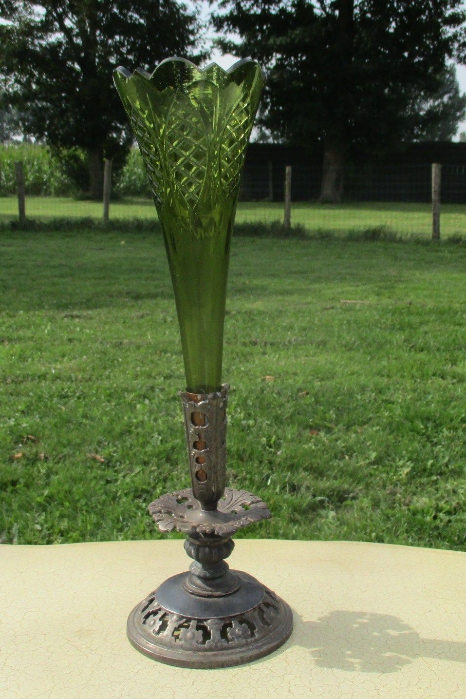 Large Vintage Trumpet Vase Brass Epergne Green Glass Loetz Style Stunning