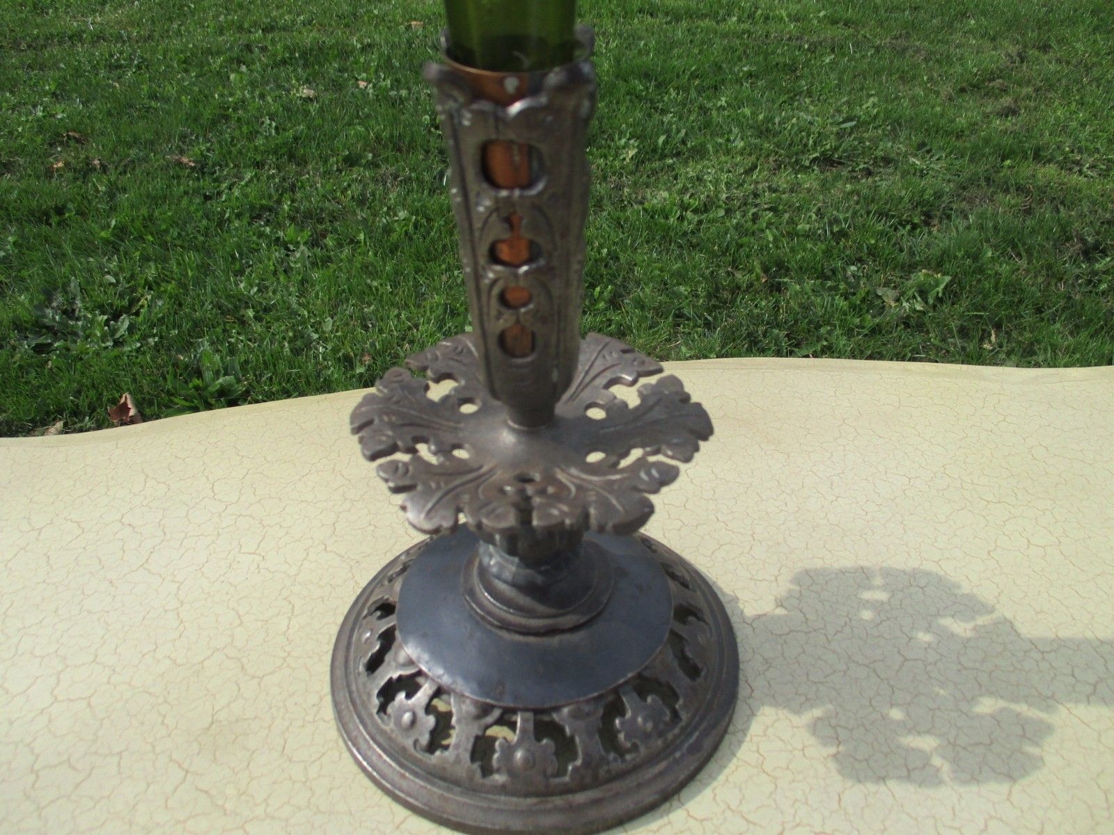 Large Vintage Trumpet Vase Brass Epergne Green Glass Loetz Style Stunning photo for sale