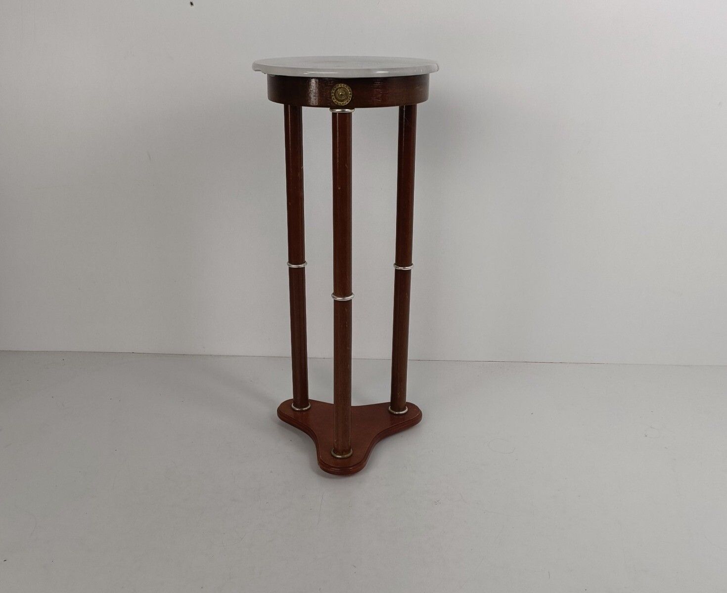 Vintage Pedestal Plant Stand Side Table Column Brass Trims Marble Top Wood Beaut photo furniture