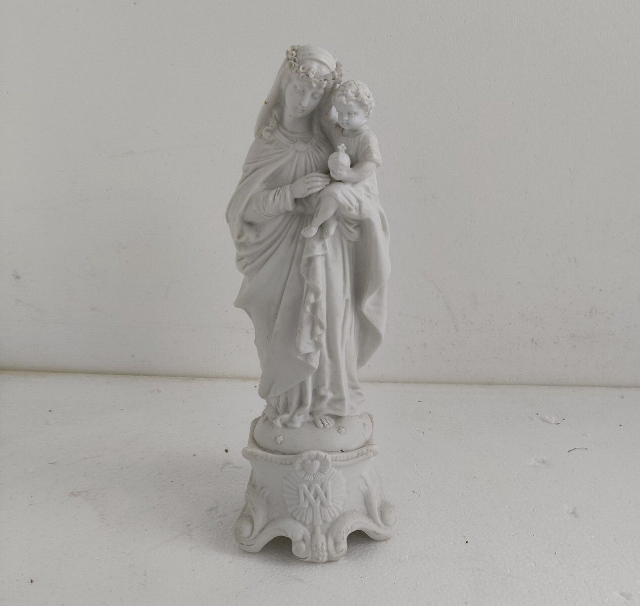 French Antique 1900 Bisque Statue Virgin Mary Our Lady With Infant Child Flower