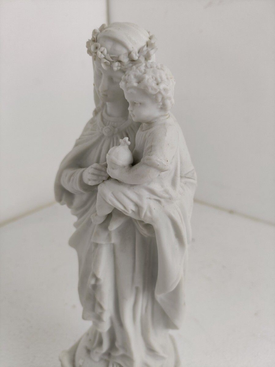 French Antique 1900 Bisque Statue Virgin Mary Our Lady With Infant Child Flower photo Art