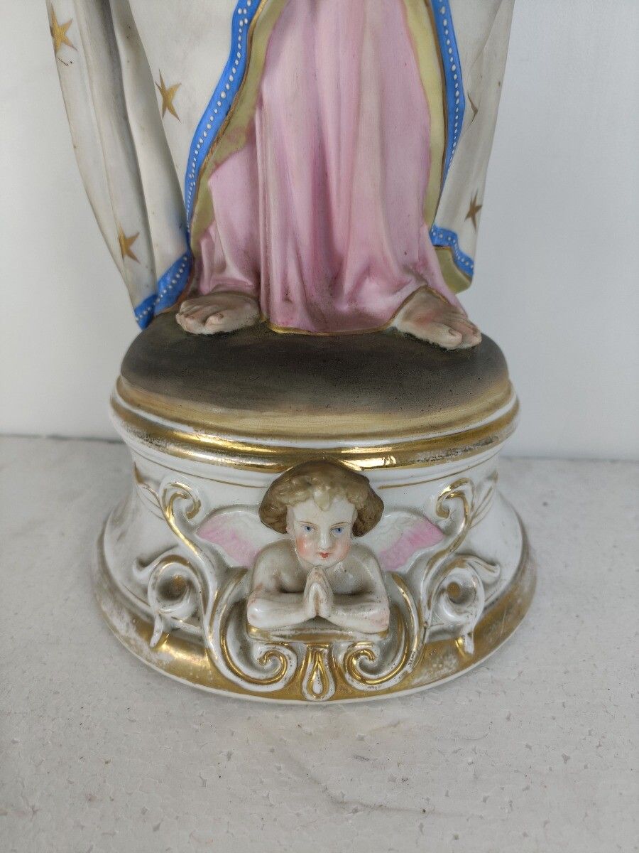 photo furniture L French Antique Bisque Statue Virgin Mary Lady Madonna Infant Polychrome Antiqu