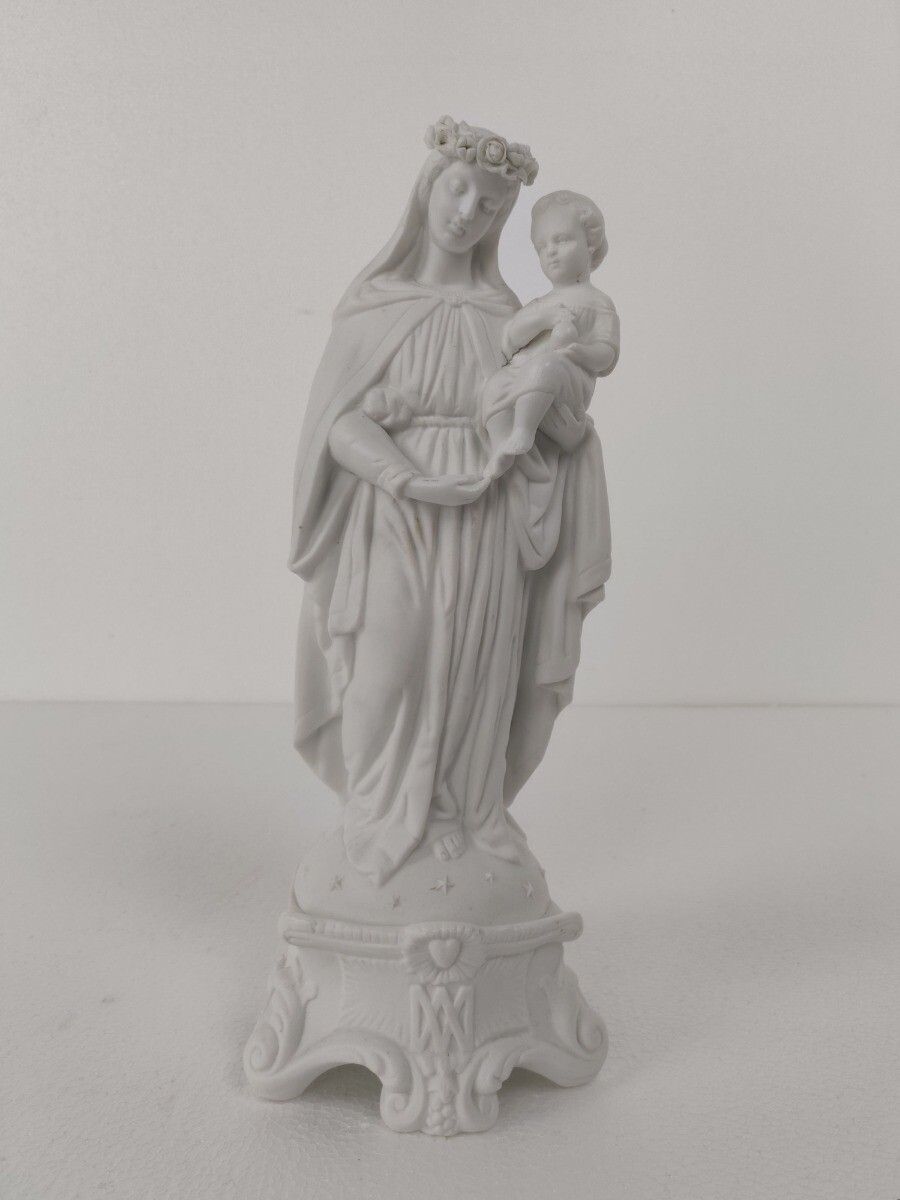 French Antique 1900 Bisque Statue Virgin Mary Our Lady Infant Jesus Exquisite  F photo furniture