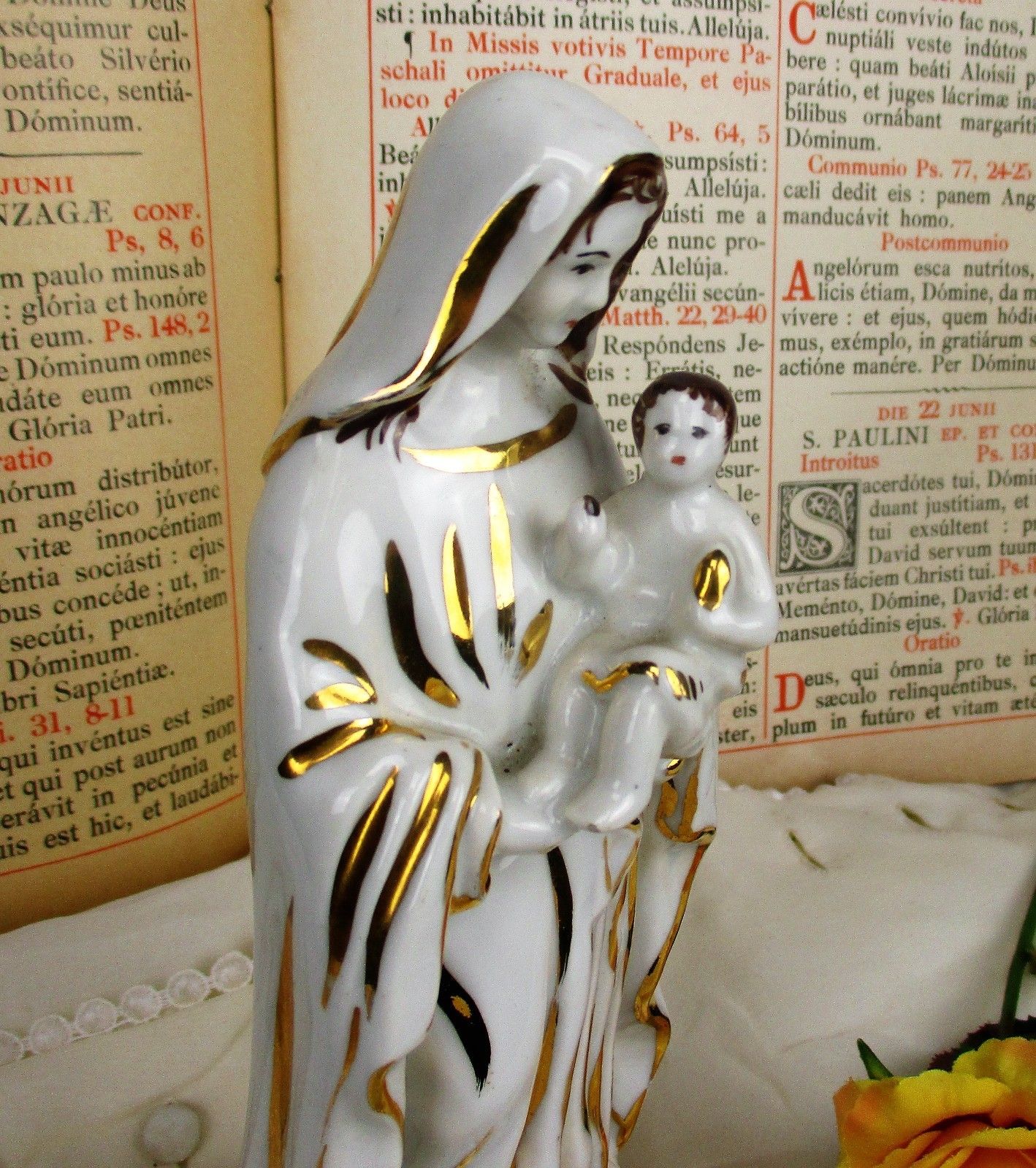 Antique 1900 Vieux Paris Porcelain Bisque  Statue Virgin Mary Infant Jesus 8.66" photo vinterior