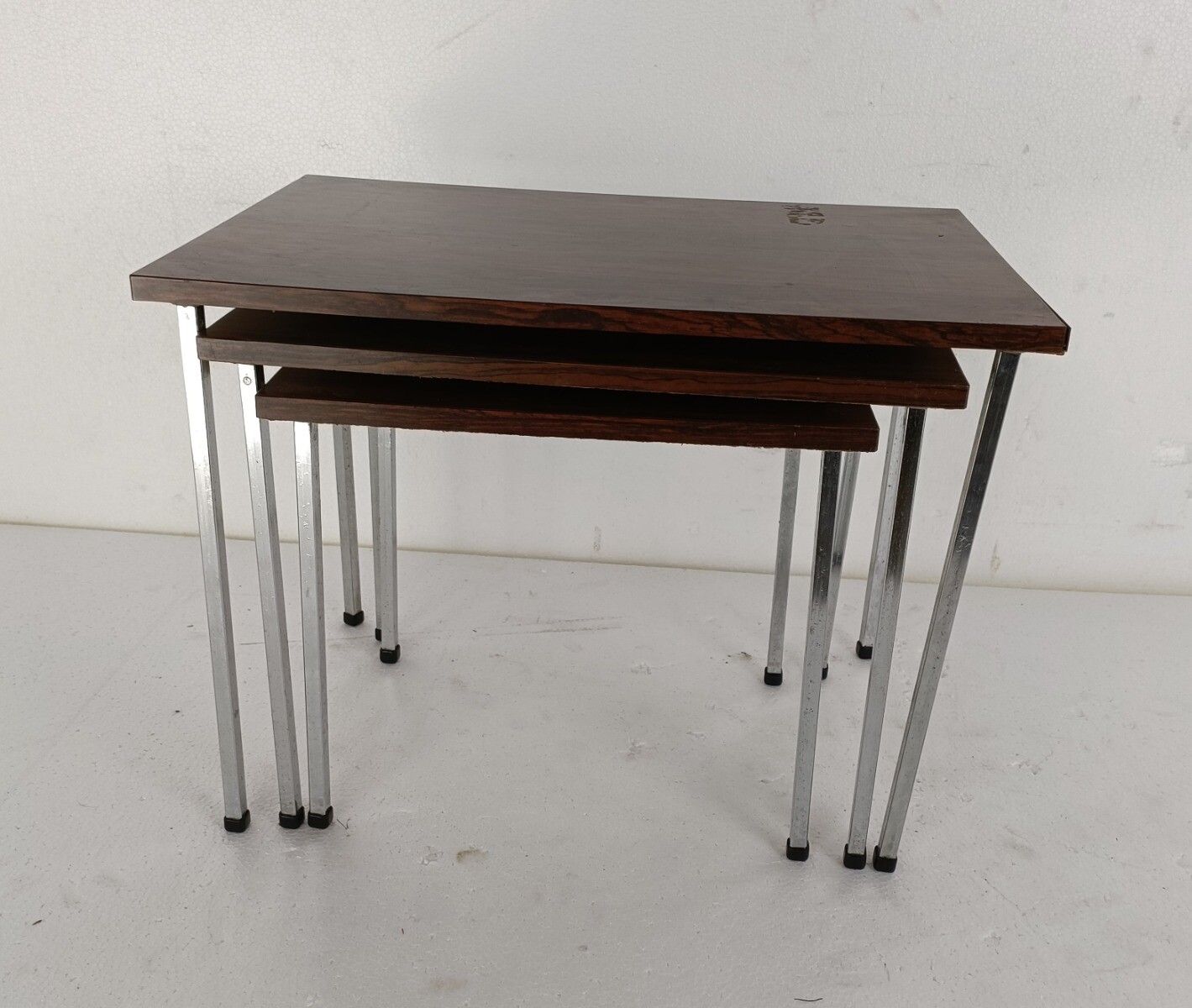 Set Of 3 Modernist  Nesting Stacking Coffee Side Tables Brown Veneer Chrome Legs photo buy