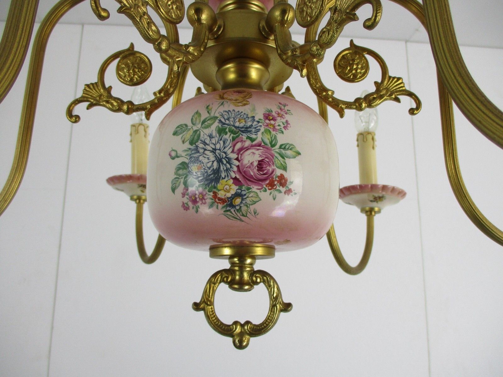 Chandelier 6 Arms Lights Ceramic Porcelain  Pink Flowers Gold Mid Century Italy photo vinterior