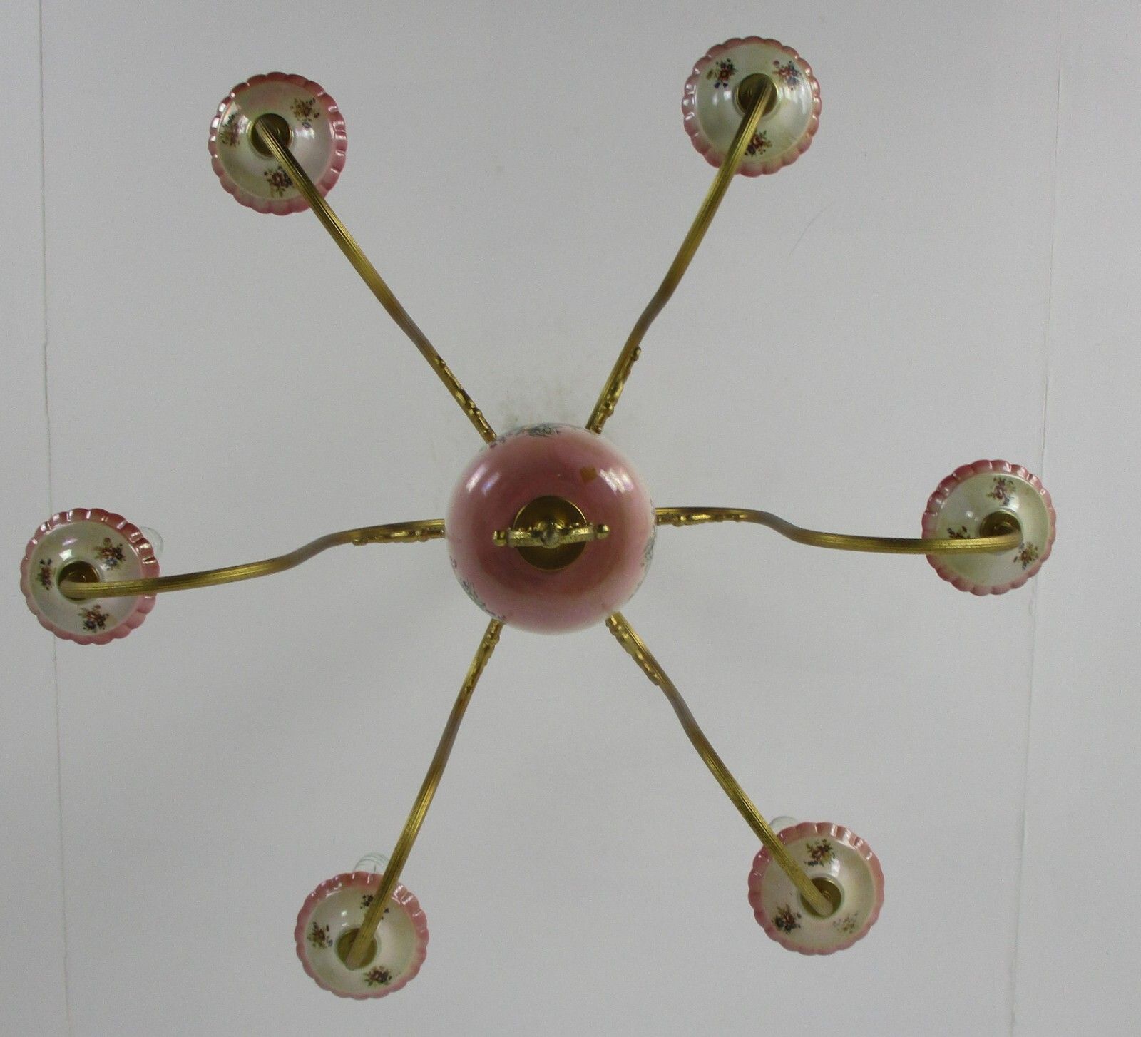 photo furniture Chandelier 6 Arms Lights Ceramic Porcelain  Pink Flowers Gold Mid Century Italy