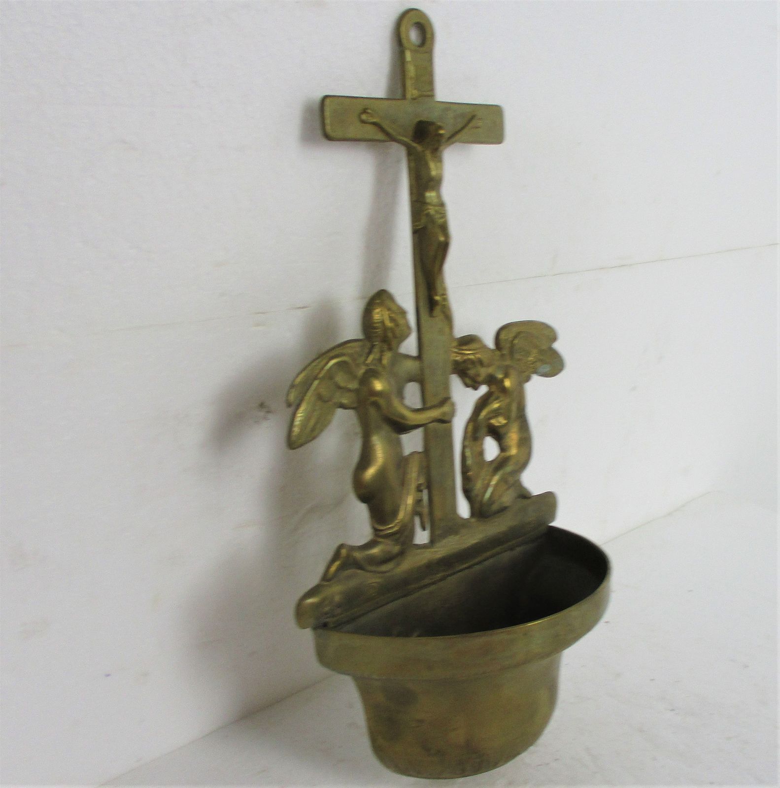 Vintage Large Brass Holy Water Font Angels Crucifix Cross Jesus Wall Hanging photo Art