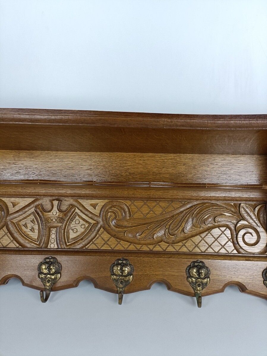 Antique Coat Rack Hat Rack Hand Carved Wood  Crown Shields Lovely Wall Hanging photo vinterior