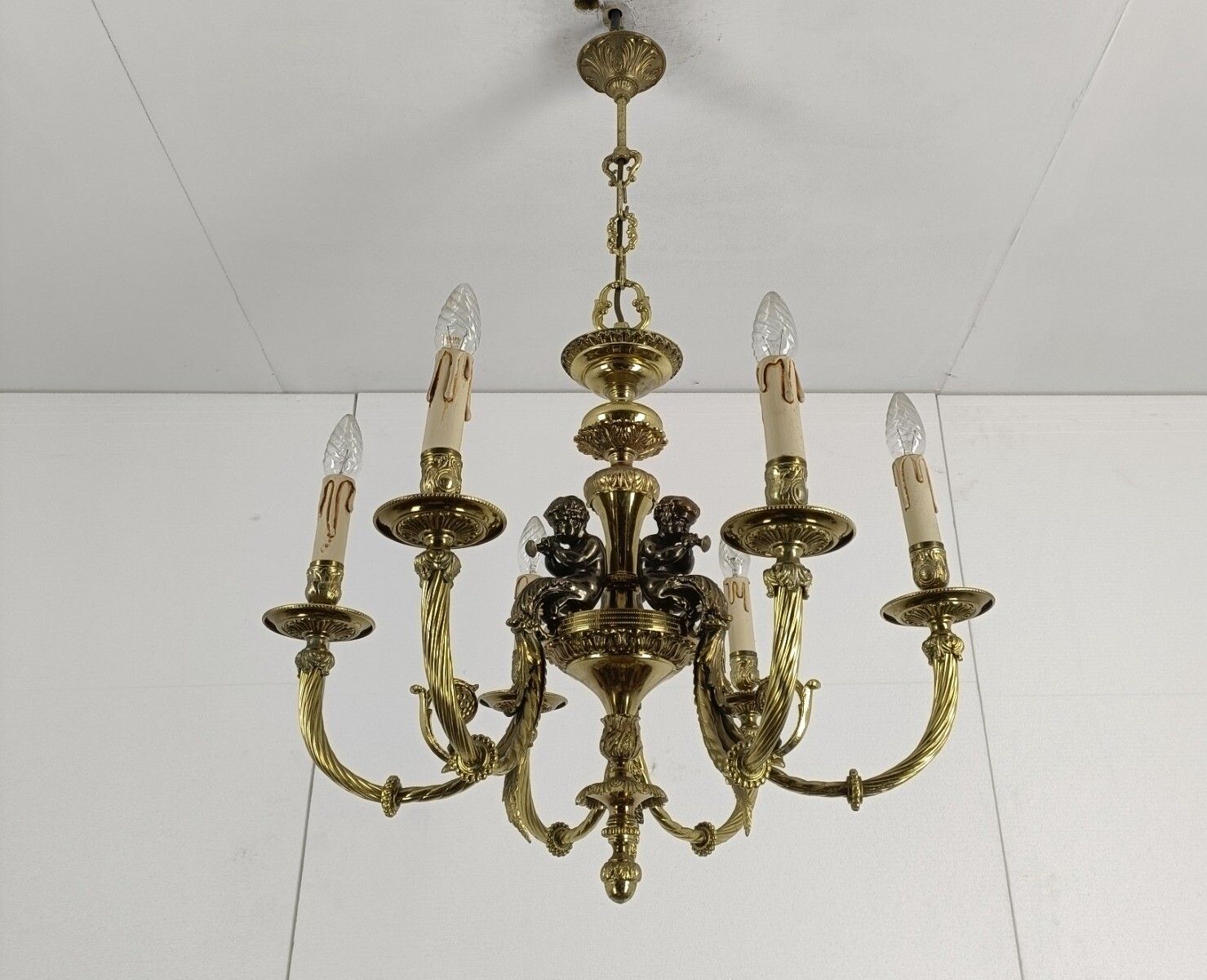 Exquisite Hollywood Regency Chandelier 6 Arm Bronze Patinated Cherubs Trumpet photo furniture