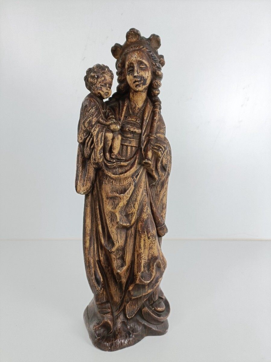 Large Statue Art Deco Brown Plaster Madonna Virgin Mary With Infant Jesus photo furniture