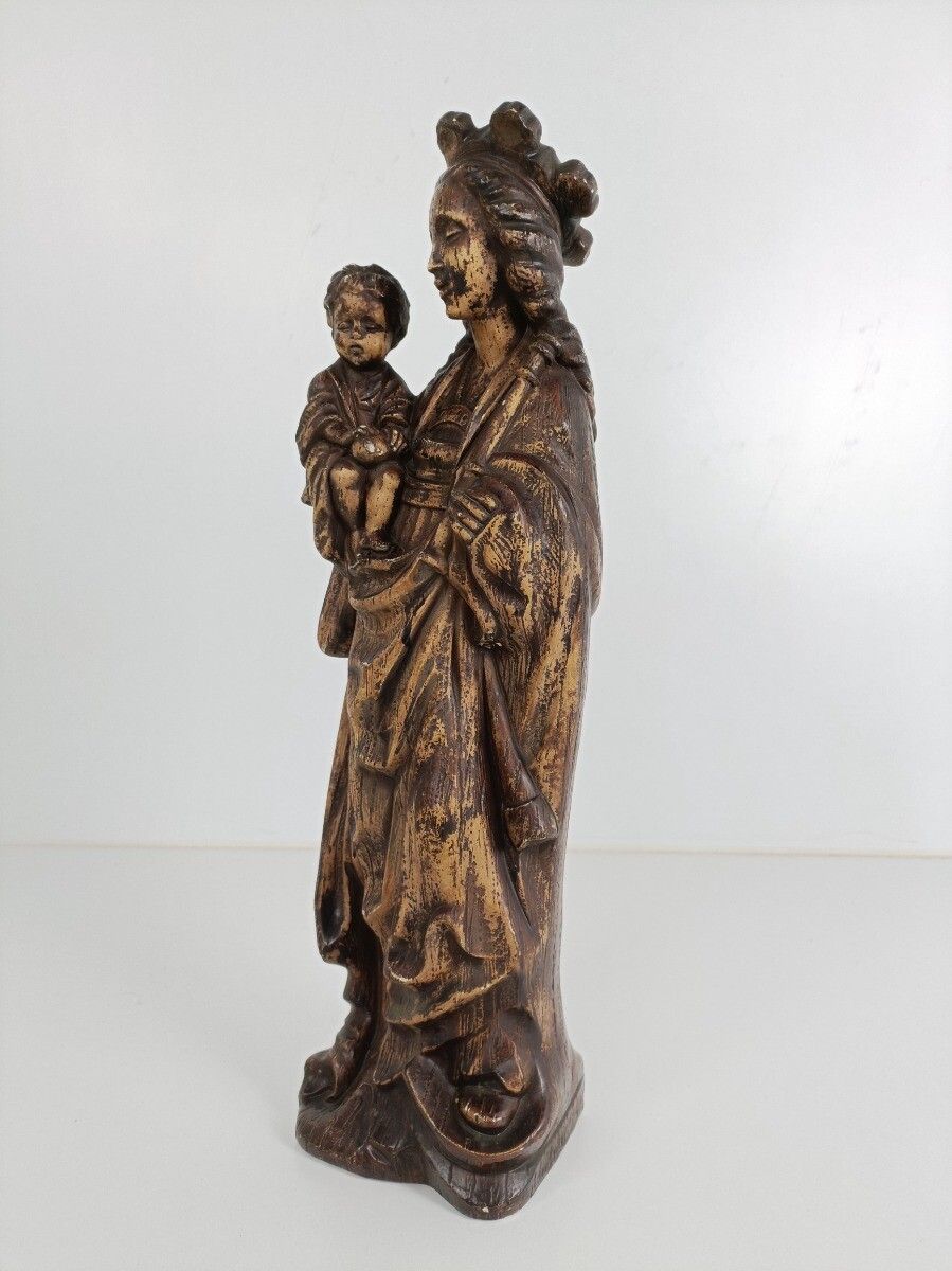 Large Statue Art Deco Brown Plaster Madonna Virgin Mary With Infant Jesus photo for sale
