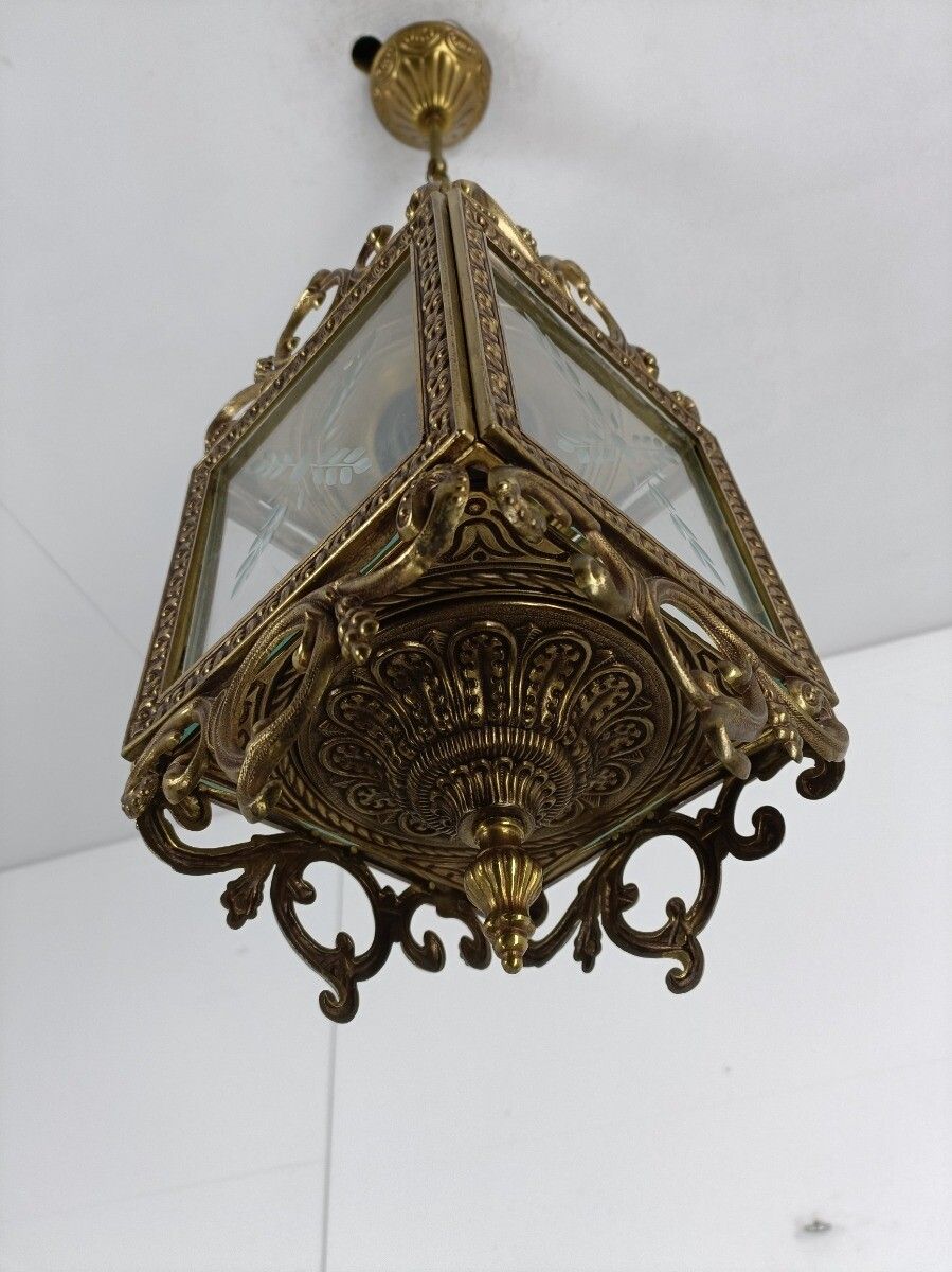 Lighting Hall Lamp Chandelier Etched Glass Vintage Hanging Light  Fixture Ceiling  Brass photo