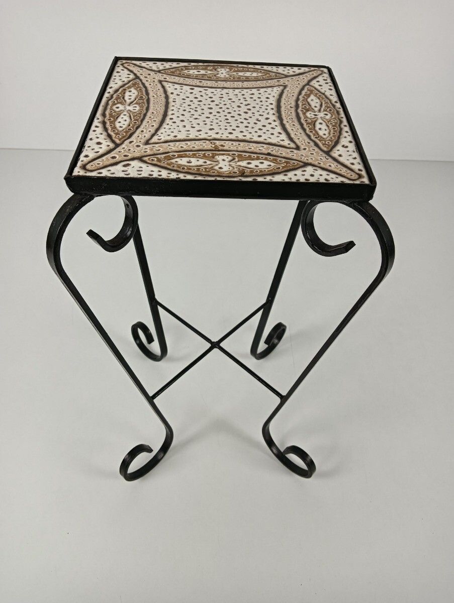 Vintage Wrought Iron Ceramic Tiles Top Small Side Occasional Wine Table Retro Fu photo for sale