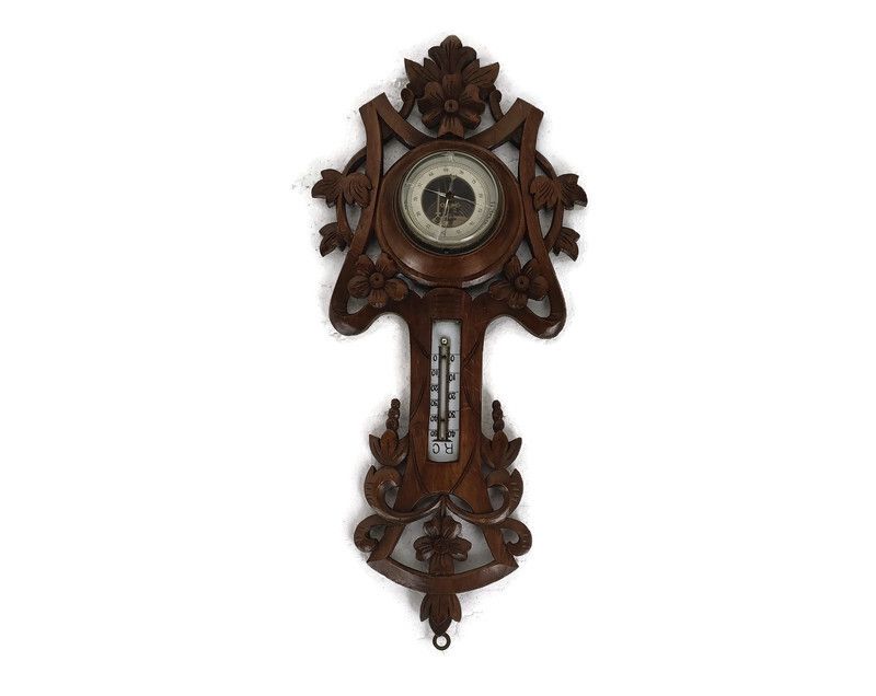 German Hand Carved Wood Barometer Thermometer Weather Station Black Forest Style