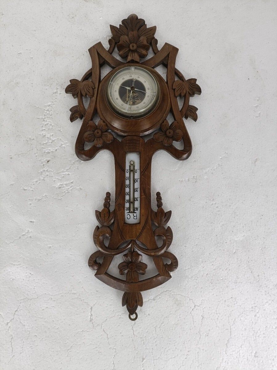 German Hand Carved Wood Barometer Thermometer Weather Station Black Forest Style photo for sale