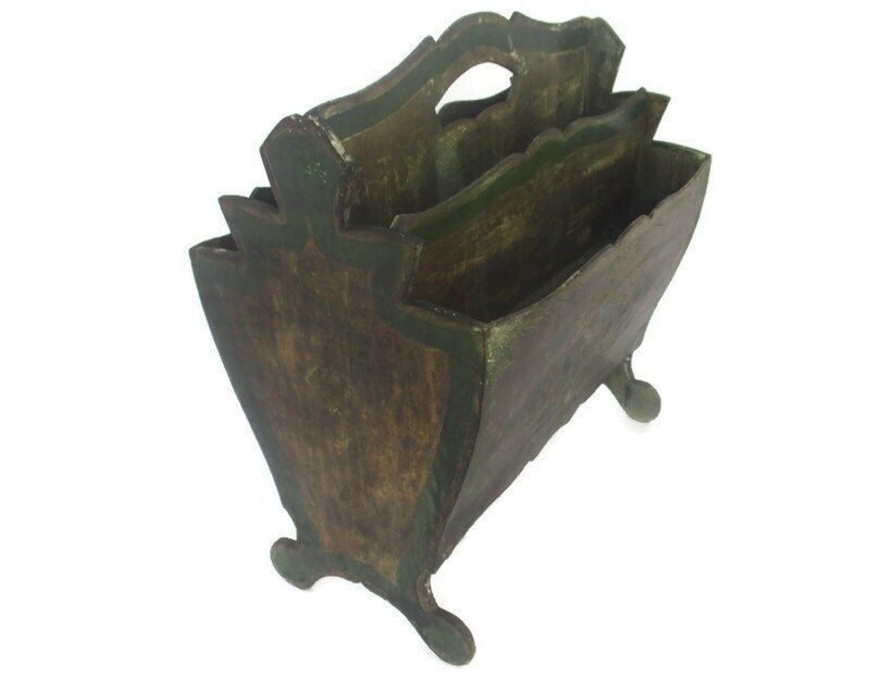 Florentine Wooden Magazine Newspaper Basket Hollywood Regency  Green Gold