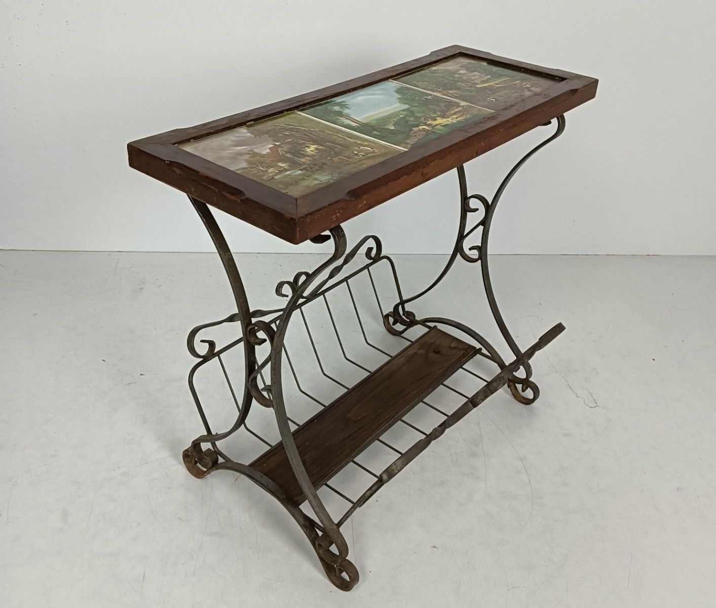 Vintage Magazine Newspaper Basket Side Table Ceramic Tiles Wrought Iron Dutch photo furniture