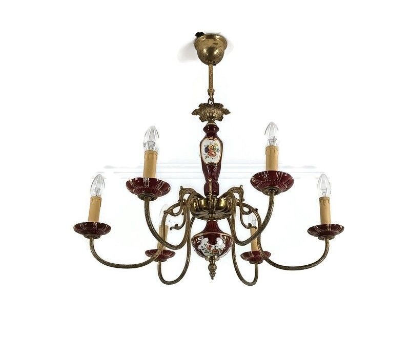 Chandelier Porcelain Polychrome Flowers Italian Italy Vintage 6 Lights Romantic