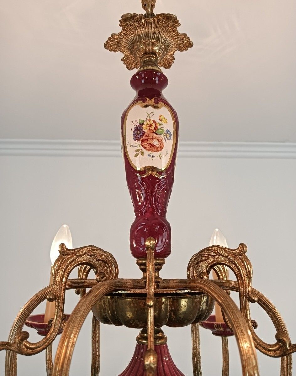 photo furniture Chandelier Porcelain Polychrome Flowers Italian Italy Vintage 6 Lights Romantic