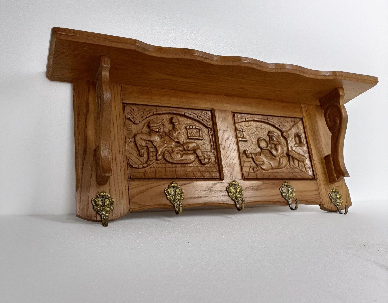 Hand Carved Wood Coat Hat Rack Ornate Oriental Scenes 50s 60s photo for sale
