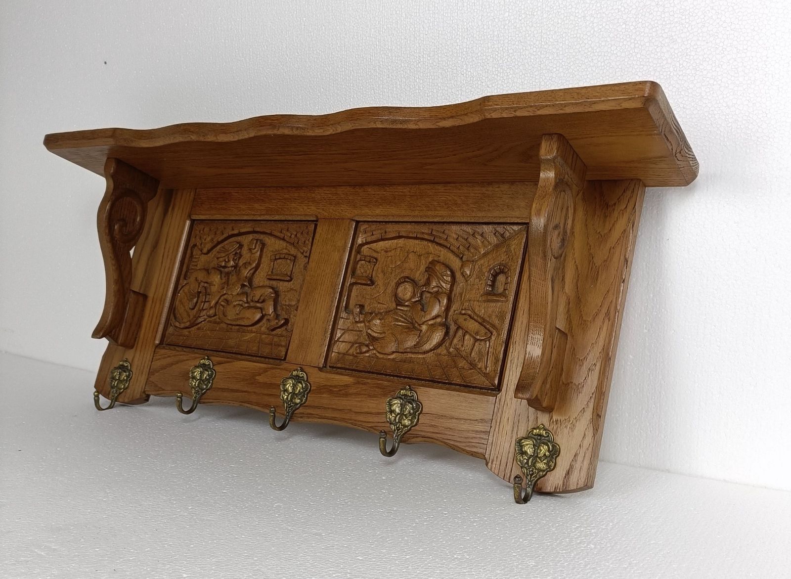 Hand Carved Wood Coat Hat Rack Ornate Oriental Scenes 50s 60s photo Furniture