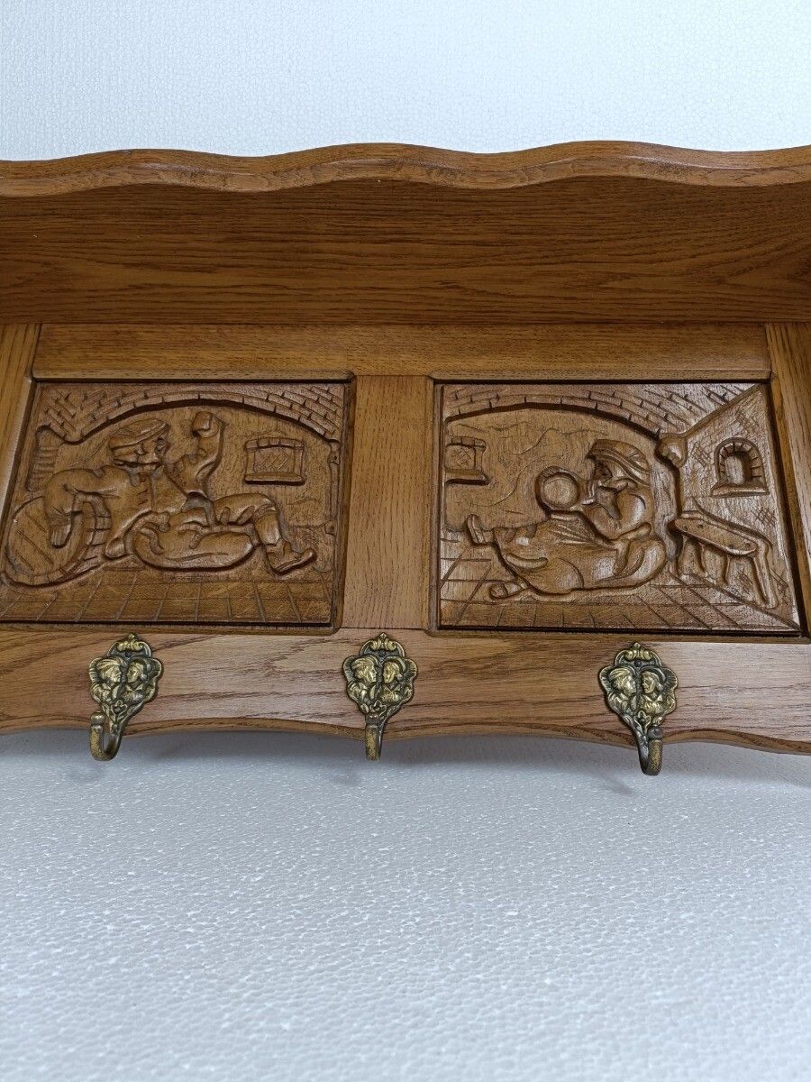 Hand Carved Wood Coat Hat Rack Ornate Oriental Scenes 50s 60s photo vinterior