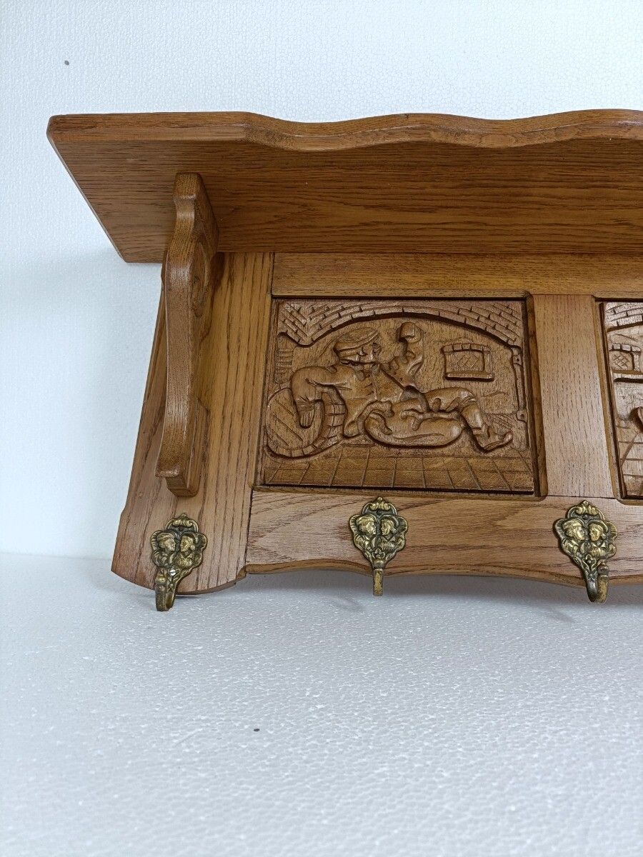 Hand Carved Wood Coat Hat Rack Ornate Oriental Scenes 50s 60s photo buy