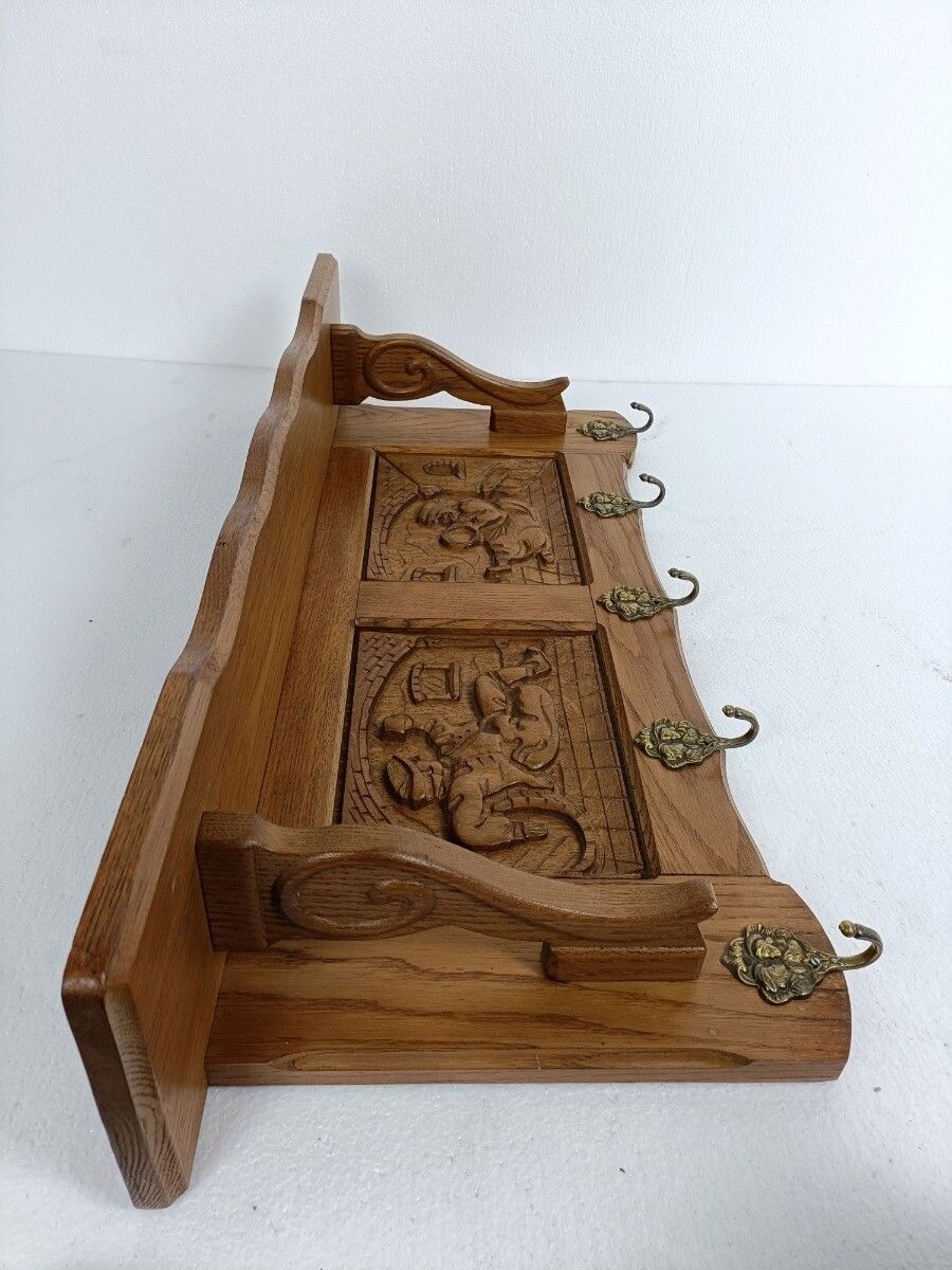photo for sale Hand Carved Wood Coat Hat Rack Ornate Oriental Scenes 50s 60s