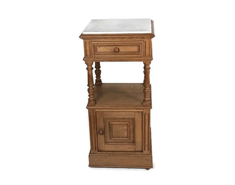 Art Deco Nightstand Antique End Table Bedroom Cabinet Wood Marble Top Two Tier