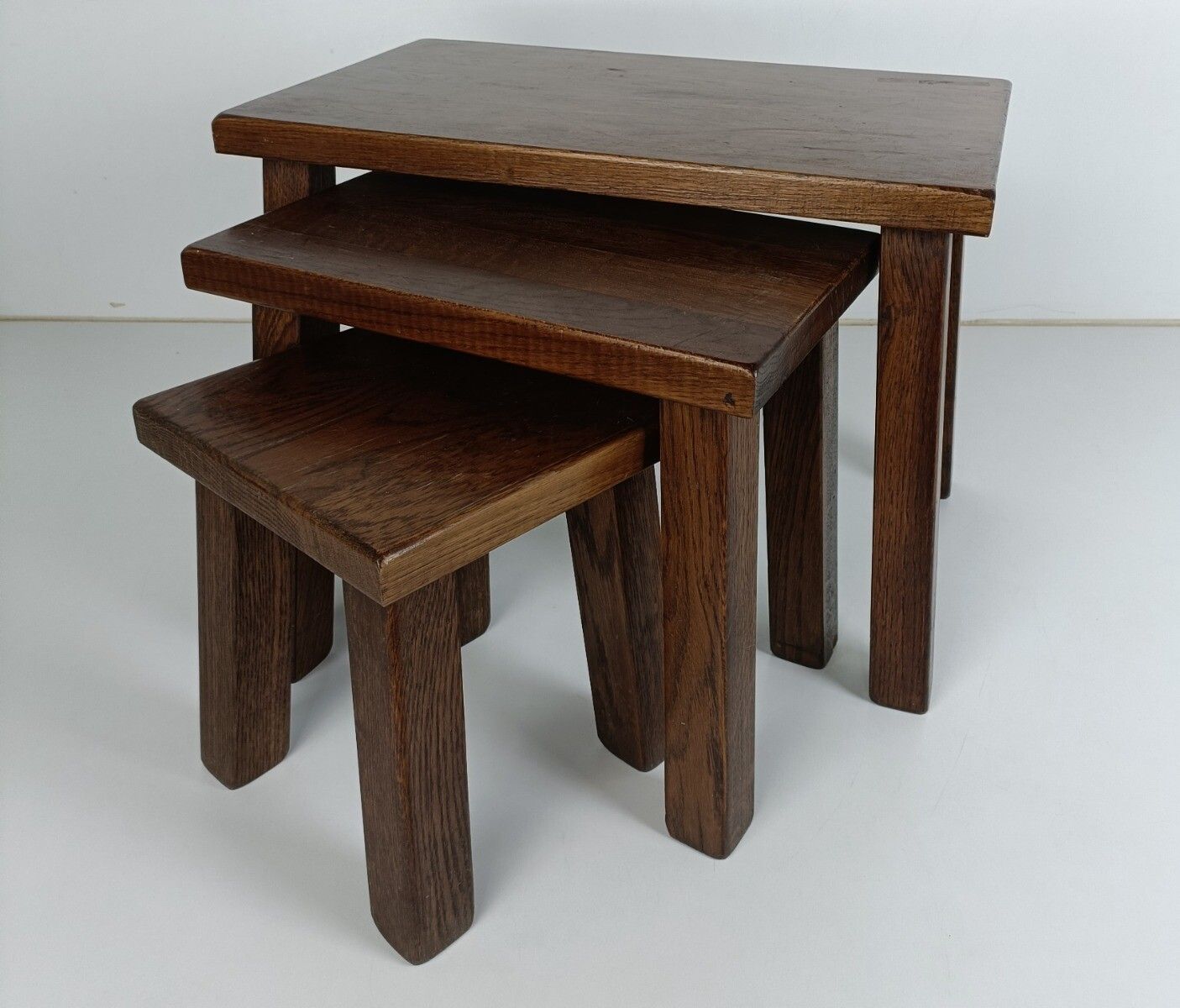 Set Of 3 Mid Century Wooden Stacking Nesting Tables Side Coffee Tables Brutalist photo furniture