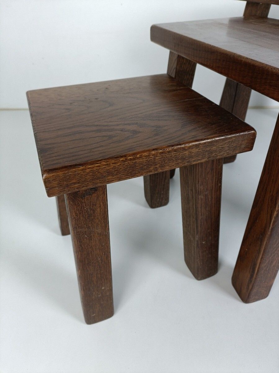 Set Of 3 Mid Century Wooden Stacking Nesting Tables Side Coffee Tables Brutalist photo vinterior