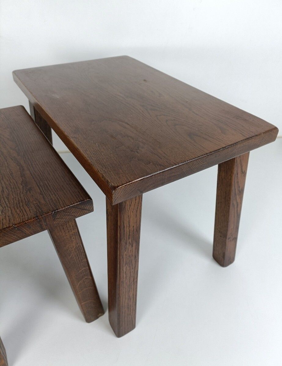 Set Of 3 Mid Century Wooden Stacking Nesting Tables Side Coffee Tables Brutalist photo vintage