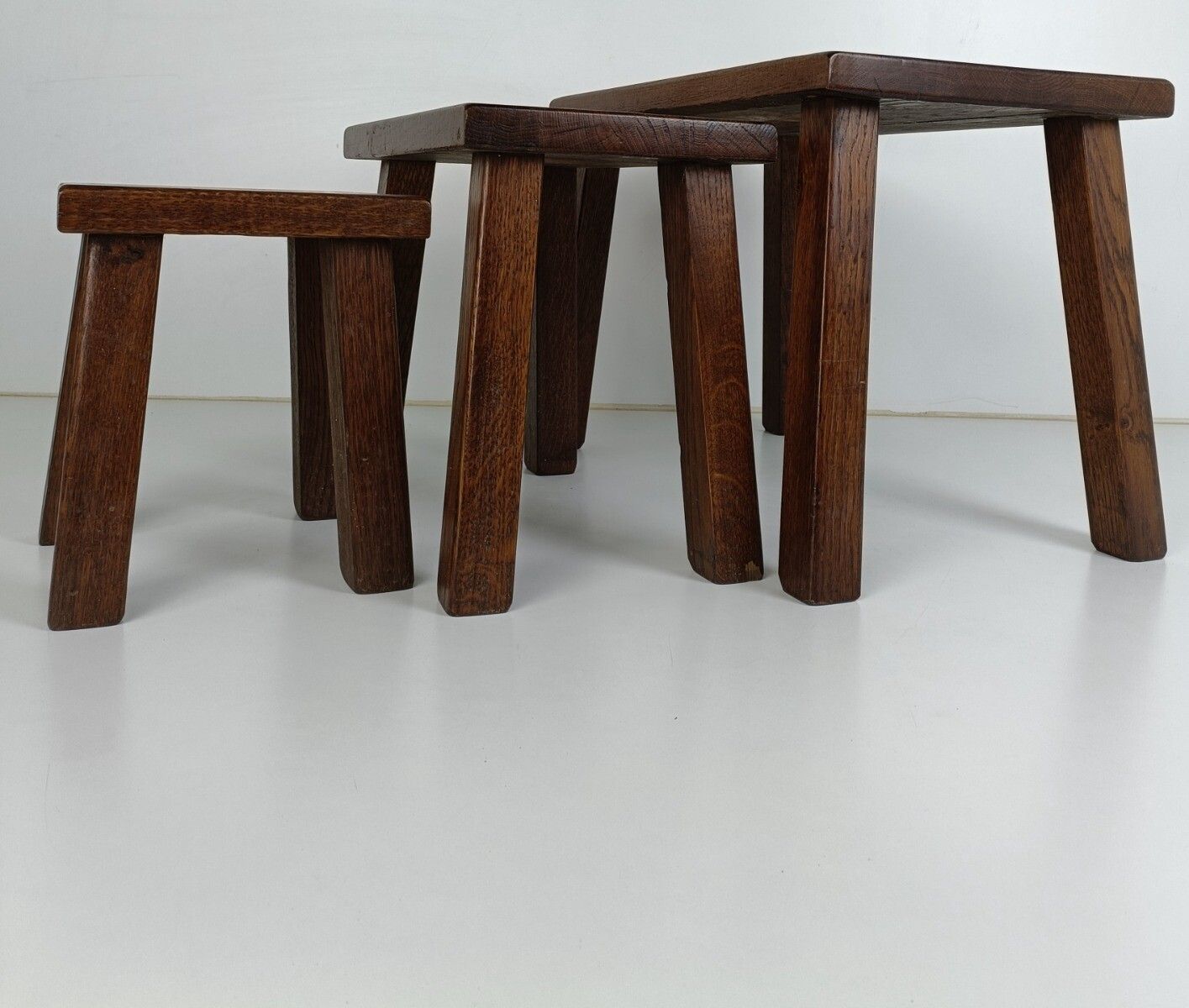 photo furniture Set Of 3 Mid Century Wooden Stacking Nesting Tables Side Coffee Tables Brutalist