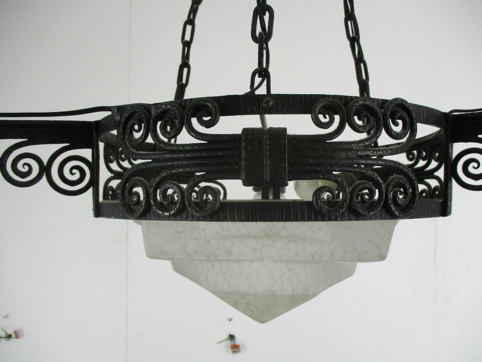 Art Nouveau Deco  French Pate De Verre Chandelier Glass Paste Wrought Iron Wow photo vintage