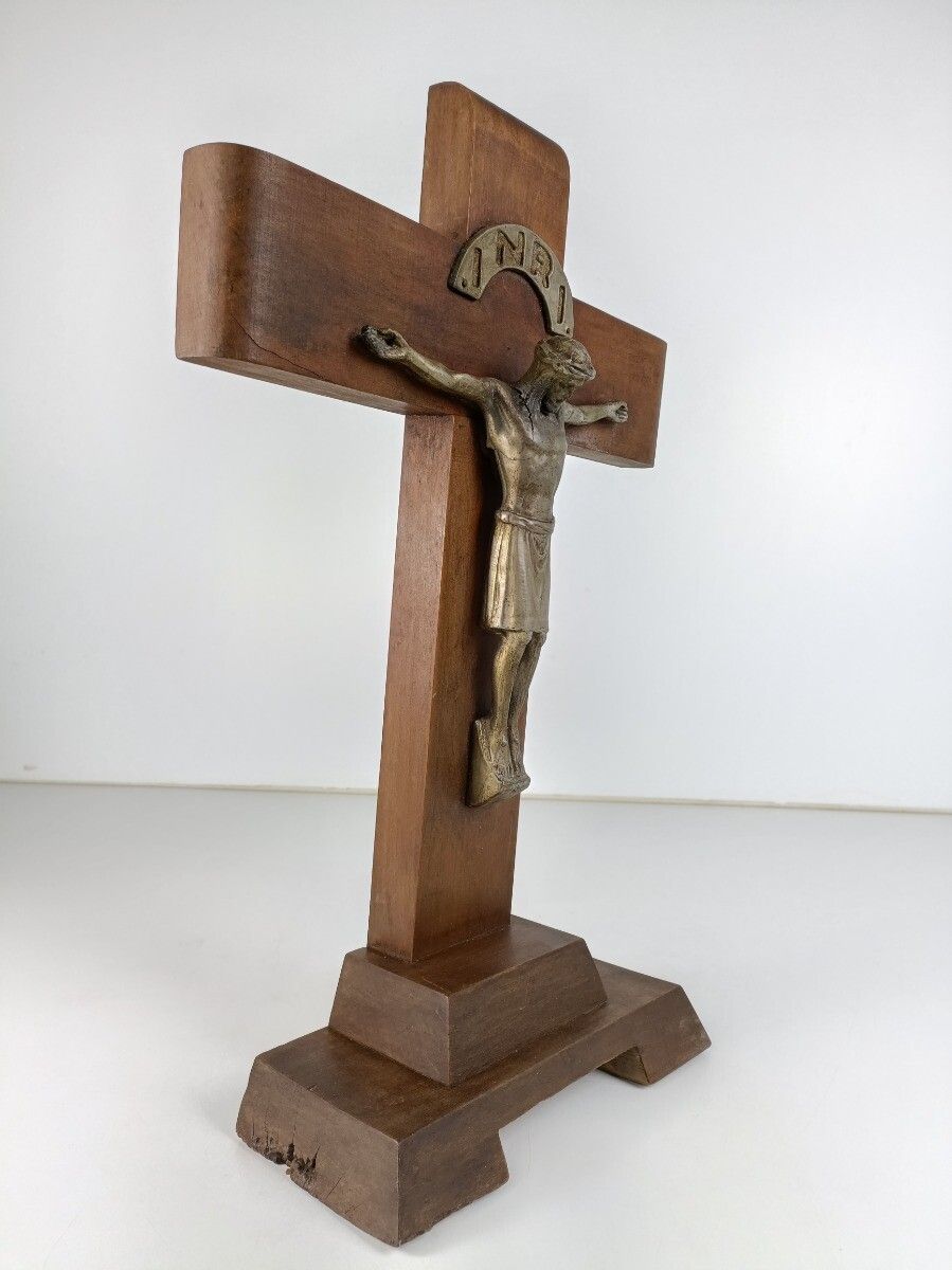 Art Deco Standing Crucifix Wood Oak Spelter Corpus Modernist Antique Cross photo for sale