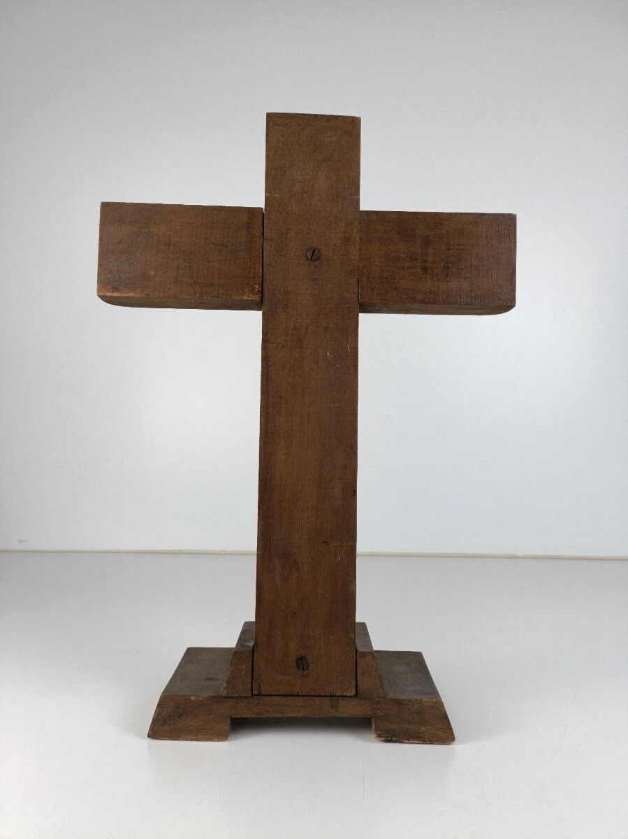 Art Deco Standing Crucifix Wood Oak Spelter Corpus Modernist Antique Cross photo 121.0