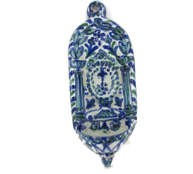 Large Blue  White Spanish Holy Water Font Vessel Hand Painted Ceramic Wall Hangi