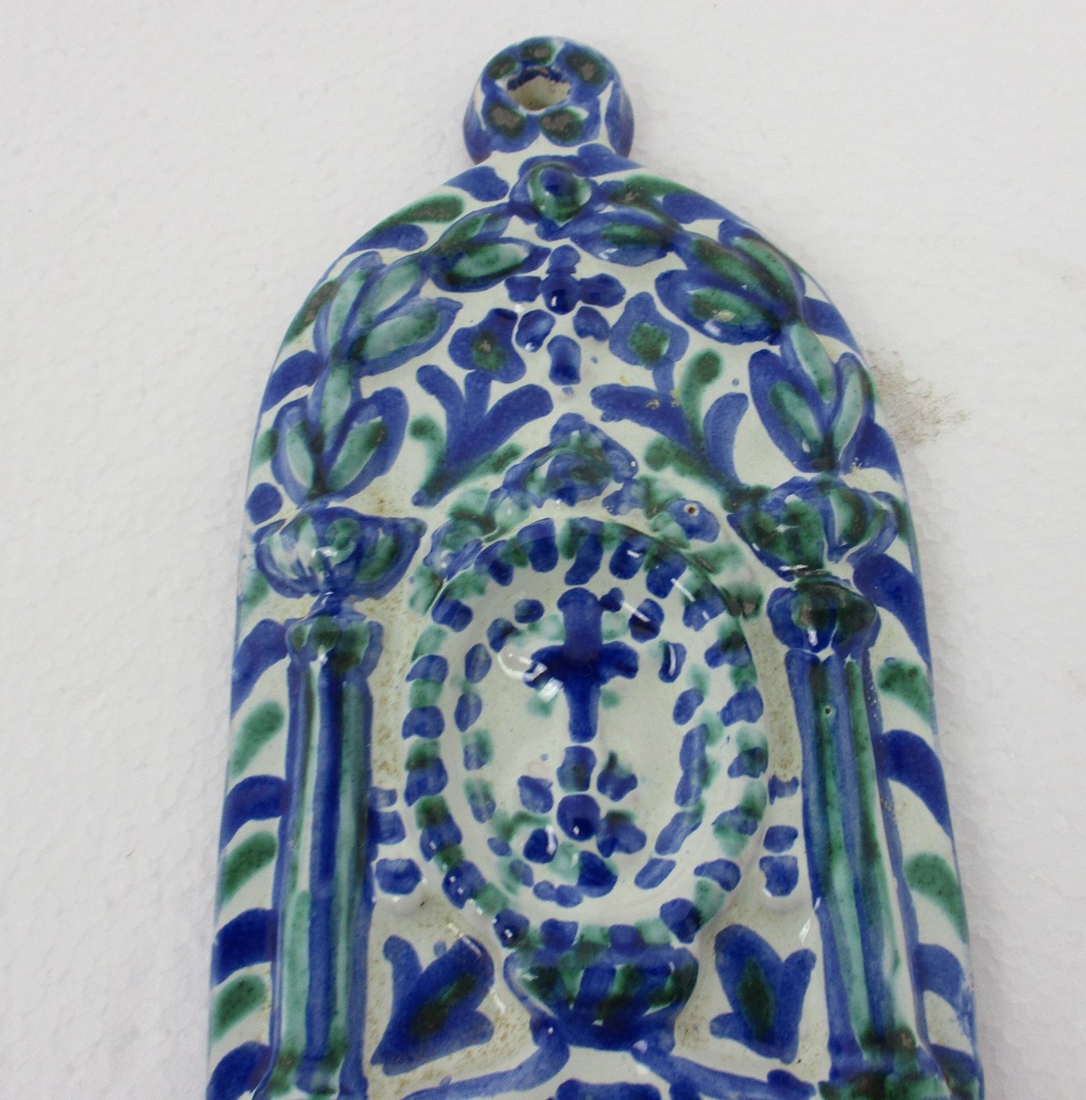 Large Blue  White Spanish Holy Water Font Vessel Hand Painted Ceramic Wall Hangi photo Art